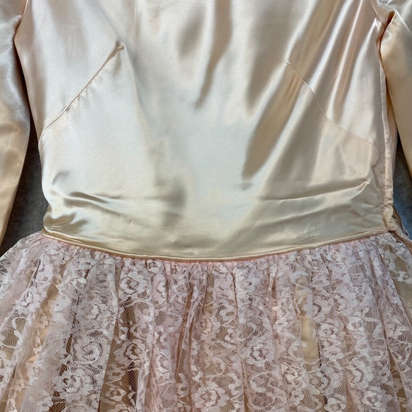 Vintage 30" Bust Peach & Pink Satin Lace Overlay Dress Fit & Flare • Handmade - Picture 8 of 16